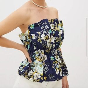 NWT Anthropologie Blue Floral Print Strapless Blouse